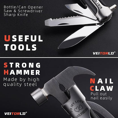 VEITORLD Gifts for Husband Boyfriend Him, Anniversary Birthday Gift Ideas for Men Him, All in One Tools Mini Hammer Multitool with Engraved Wooden Box, Cool Gadgets Camping Accessories Survival Gear