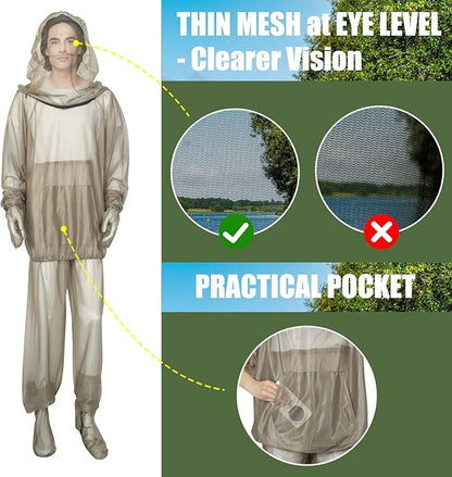 4-Piece Net Suit L/XL, Full Body Jacket with Zippered Hood, Pants, Gloves & Foot Covers, Thickened Breathable Mesh, Adjustable Fit for Men & Women, Lightweight for Outdoor, Camping, Fishing &Gardening