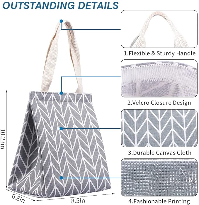 iknoe Insulated Lunch Bag for Women, 9L Sturdy Wide-Open Foldable & Portable Lunch Tote with Interior Pockets, Water-resistant Thermal Lunch Cooler for Adults Picnic Beach (Grey Waveform)
