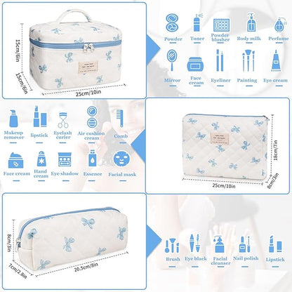 3PC Makeup Bag Set, Quilted Makeup Bag, Large Floral Cosmetic Bag for Women, Cute Cotton Makeup Bags, Flower Travel Toiletry Organizer Bag (White and Blue Bow)