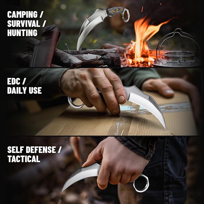 Tactical Karambit Knife with Sheath - Micarta Handle - Fixed Mirror Polished 440C Steel Blade - Small Karambits for Camping Hunting Survival EDC for Men and Women - Fathers Day Gift 2534