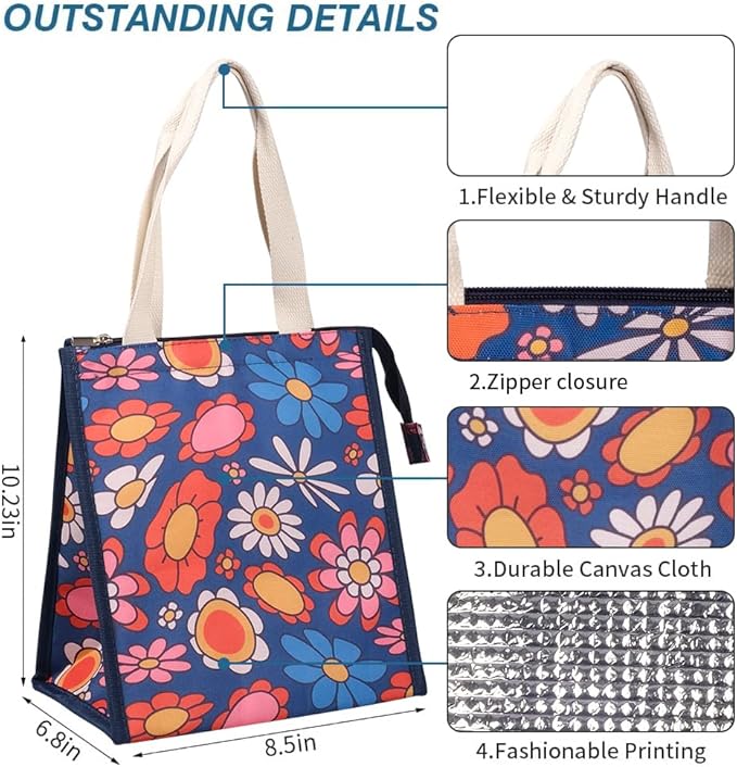 iknoe Lunch Bag Insulated Lunch Bags for Women & Men, 9L Reusable Lunch Tote Portable Adult Thermal Large Lunch Cooler for Work Picnic Beach (Blue Flowers)
