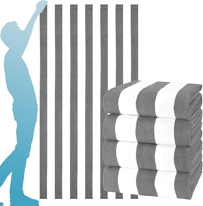 4 Packs Oversized Stripe Beach Towel Thin Terry with Towel Bands Set XL Extra Large Big Clearance Pool Travel Accessories Essentials Soft Absorbent Swim Bath Towels Bulk Men Women Adults Gift Grey