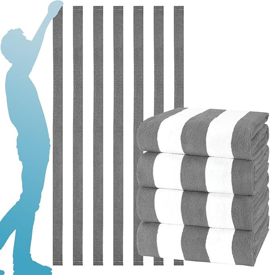 4 Packs Oversized Stripe Beach Towel Thin Terry with Towel Bands Set XL Extra Large Big Clearance Pool Travel Accessories Essentials Soft Absorbent Swim Bath Towels Bulk Men Women Adults Gift Grey