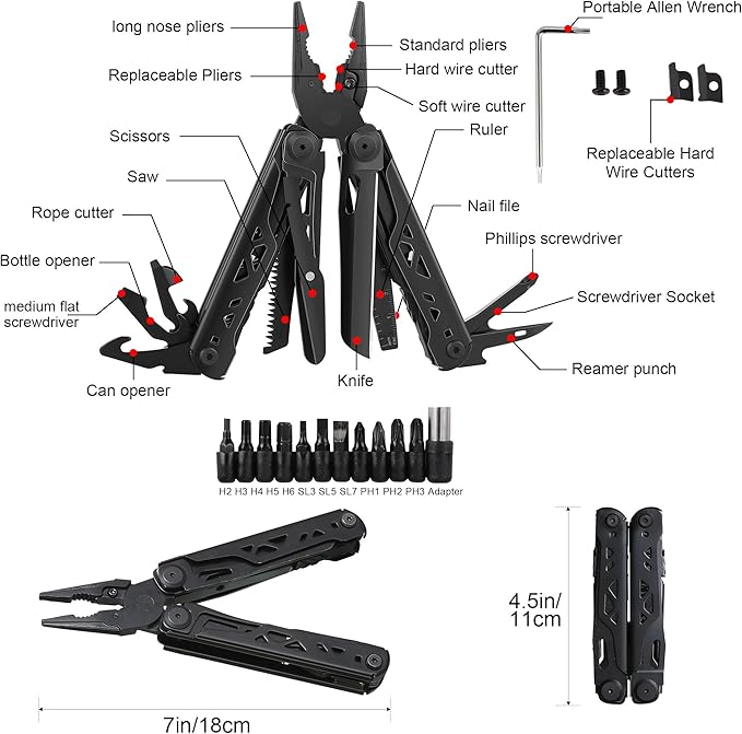 32-in-1 Wingman Multitool with Spring-Action Pliers and Scissors.Premium Replaceable screwdriver head and Wire Cutters Saw.Wave+ Stainless steel multi tools with Nylon sheath(Black)