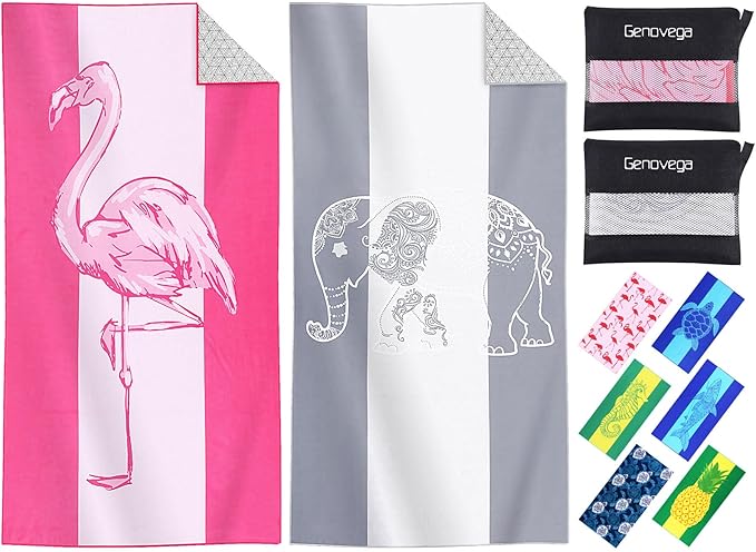 2 Packs Microfiber Oversized Lightweight Thin Beach Towel Compact Sandproof Quick Dry Clearance Towels Extra Large Sand Free Pool Travel Essentials Accessories Women Men Adults Gifts Elephant Flamingo