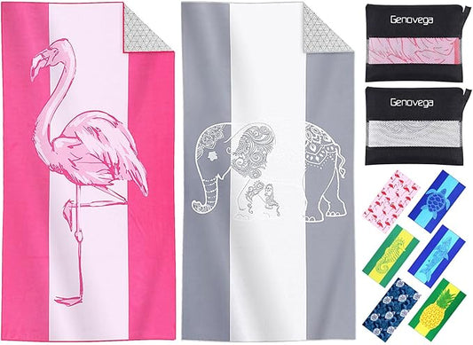 2 Packs Microfiber Oversized Lightweight Thin Beach Towel Compact Sandproof Quick Dry Clearance Towels Extra Large Sand Free Pool Travel Essentials Accessories Women Men Adults Gifts Elephant Flamingo