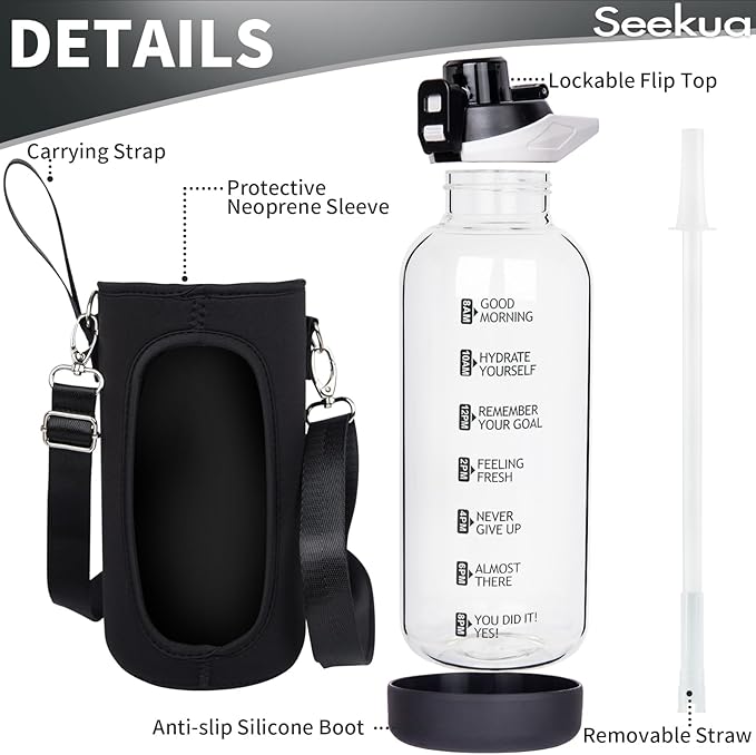 64 oz Large Sports Glass Water Bottle with Straw & Time Marker, Motivational Half Gallon Daily Glass Drinking Bottle with Strap for Fruit Infused Water, Smoothie, Coffee