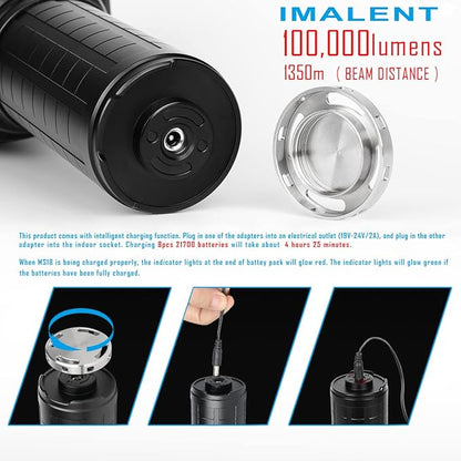 IMALENT MS18 Powerful Bright Flashlight 100,000 Lumens,Rechargeable Flashlights Use 18pcs Cree XHP70.2 LEDs, High Lumens Flashlight with OLED Display, LED Flashlight for Emergency