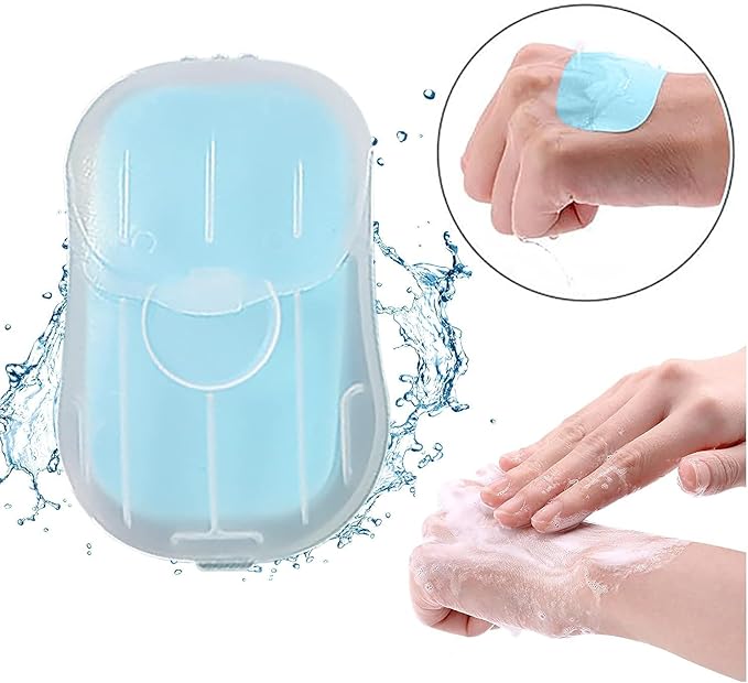50 PCS Blue Portable Soap Sheets, Mini Portable Travel Soap Paper Sheets Disposable Water Soluble Hand Washing Bath Scented Paper Soap for Outdoor, Camping Hiking,Camping Soap and Shampoo
