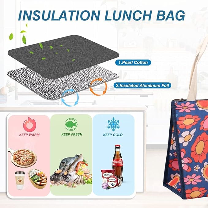 iknoe Lunch Bag Insulated Lunch Bags for Women & Men, 9L Reusable Lunch Tote Portable Adult Thermal Large Lunch Cooler for Work Picnic Beach (Blue Flowers)