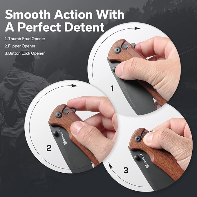SENCUT Sachse Pocket Knife Folding Knife for EDC, Wood Handle 9Cr18MoV Blade Foldable Small Knife with Clip, Button Lock Everyday Carry Knife for Men Women Indoor Outdoor Gift S21007-6