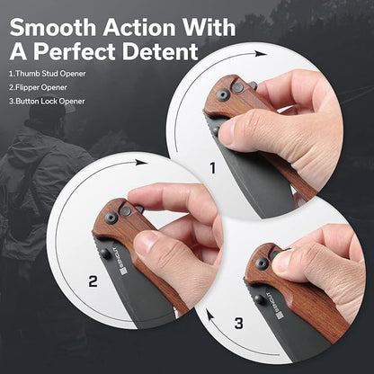 SENCUT Sachse Pocket Knife Folding Knife for EDC, Wood Handle 9Cr18MoV Blade Foldable Small Knife with Clip, Button Lock Everyday Carry Knife for Men Women Indoor Outdoor Gift S21007-6