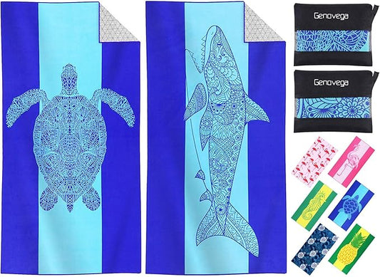 2 Packs Microfiber Oversized Lightweight Thin Beach Towel Compact Sandproof Quick Dry Clearance Towels Extra Large Sand Free Pool Travel Essentials Accessories Women Men Adults Gifts Shark Turtle