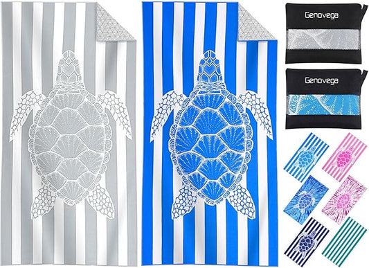 2 Packs Microfiber Oversized Lightweight Thin Beach Towel Sandproof Compact Quick Dry Clearance Towels Extra Large Sand Free Pool Travel Beach Essentials Accessories Women Adult Gift Blue Grey Turtle