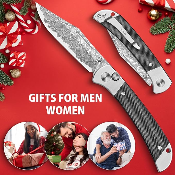 LOTHAR Falcon Damascus Pocket Knife, 2.98" VG10 Damascus Steel Blade EDC Knife, G10 Handle, Pocket Folding Knife with Clip, Button Lock Knife, Gifts Pocket Knife for Men Women