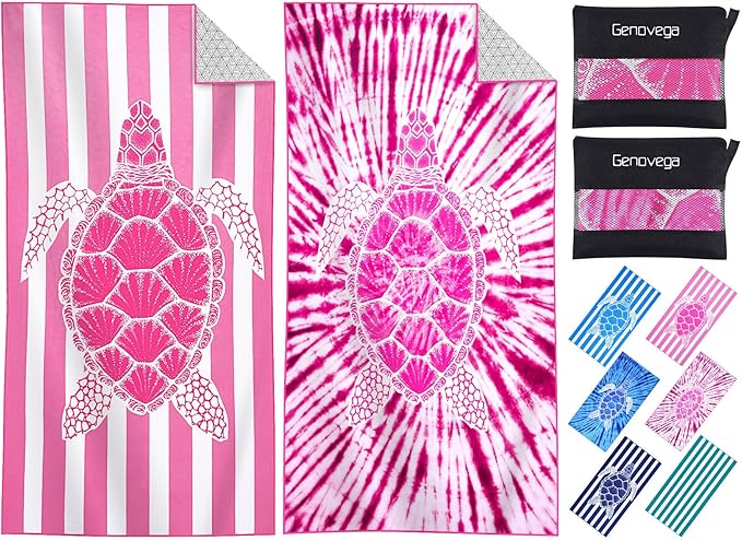 2 Packs Microfiber Oversized Lightweight Thin Beach Towel Sandproof Compact Quick Dry Clearance Towels Extra Large Sand Free Travel Beach Essentials Accessories Women Adult Gift Pink Turtle Vortex