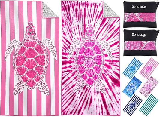 2 Packs Microfiber Oversized Lightweight Thin Beach Towel Sandproof Compact Quick Dry Clearance Towels Extra Large Sand Free Travel Beach Essentials Accessories Women Adult Gift Pink Turtle Vortex