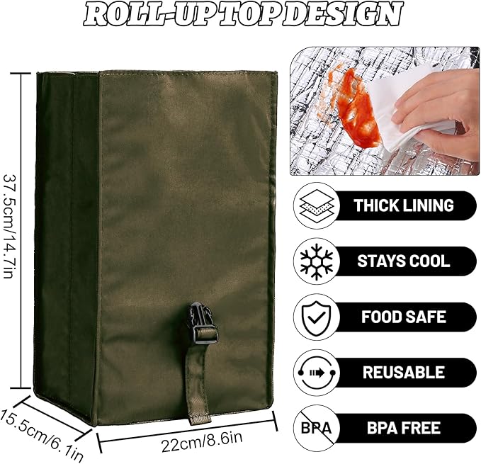 Insulated Foldable Lunch Bag- Lightweight Portable with Adjustable Shoulder Strap Lunch Box for Men, Women, Office, Work, Picnic, Hiking and Beach (Army Green(Soft Fabric))