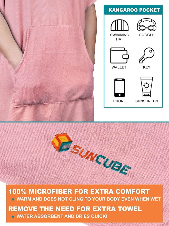 SUN CUBE Surf Poncho Changing Robe with Hood | Quick Dry Microfiber Wetsuit Changing Towel with Pocket for Surfing Men Women