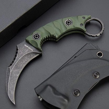 1911K Tactical Knife Fixed Blade Teeth Knife D2 curved Blade & G10 Handle for Outdoor Survival, Camping, Bushcraft and Hunting, with Sheath (Stonewashed OD Green, 180)
