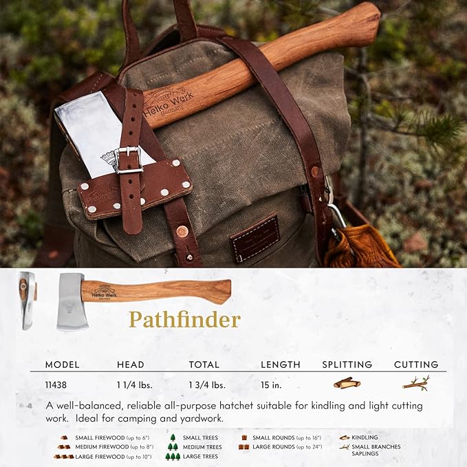 1844 Helko Werk Germany Classic Pathfinder Hatchet - Made in Germany Camping Hatchet, Bushcraft, Survival, Backpacking, small lightweight hatchet - Head 1.25 lbs, Handle 15 in. (Pathfinder) #11438