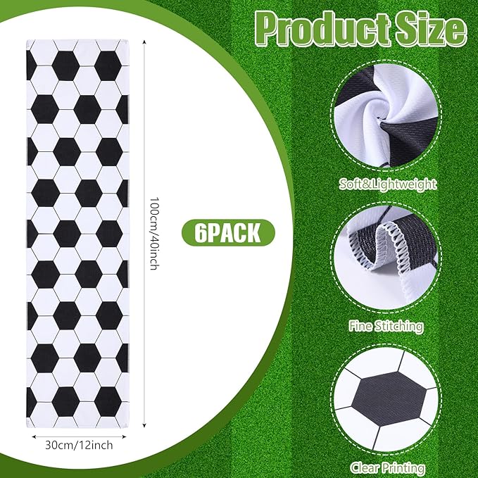 6 Pack Soccer Cooling Towels for Boys, Soccer Sports Towels with Bags, 40"x12" Breathable Chilly Towel, White and Black Microfiber Towel for Sport Team Gift