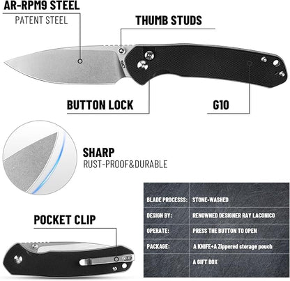 CJRB CUTLERY Pocket Knife Pyrite (J1925L) Button Lock EDC Large Foldable Knife AR-RPM9 Steel Blade and G10 Handle Black Outdoor for Women Men for Gifts