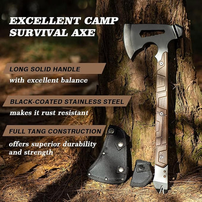 17.5in Full Tang Camping Axe Tomahawk with Nylon Sheath, Tactical and Survival Hatchet with Hammer for Axe Throwing, Outdoor Camping Hiking and Chopping Wood