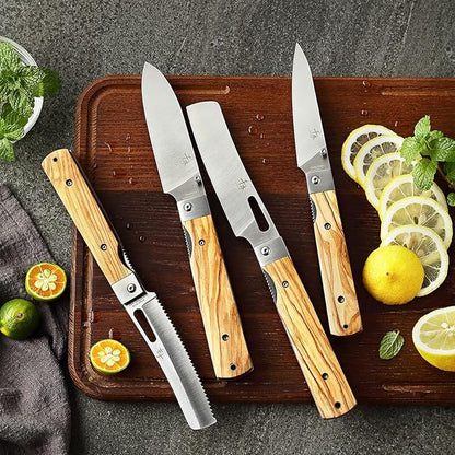 440A stainless steel Gift wrapped 4 piece set sharp pocket folding Japanese chef knife universal peeling knife bread knife set portable kitchen knives with natural olive handle