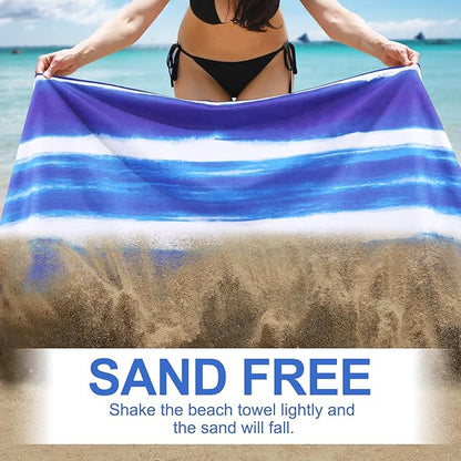 2 Pack Microfiber Oversized Beach Towel Lightweight Thin Sandproof Compact Quick Dry Clearance Towels Extra Large Sand Free Pool Travel Beach Essentials Accessories Women Men Adult Gift Blue Stripe