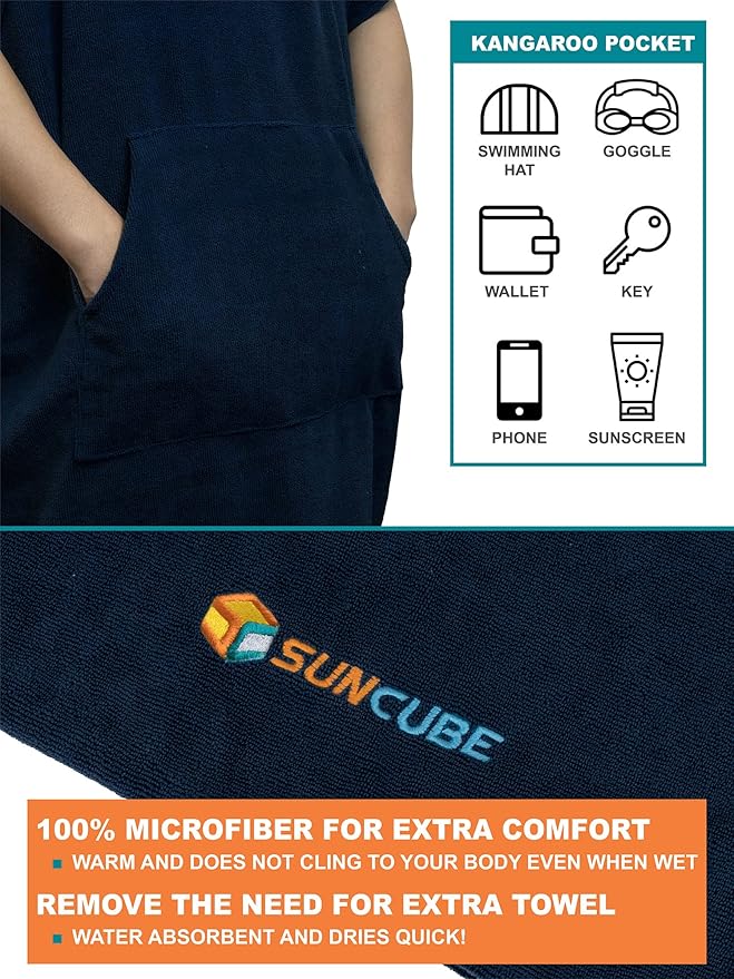SUN CUBE Surf Poncho Changing Robe with Hood | Quick Dry Microfiber Wetsuit Changing Towel with Pocket for Surfing Men Women