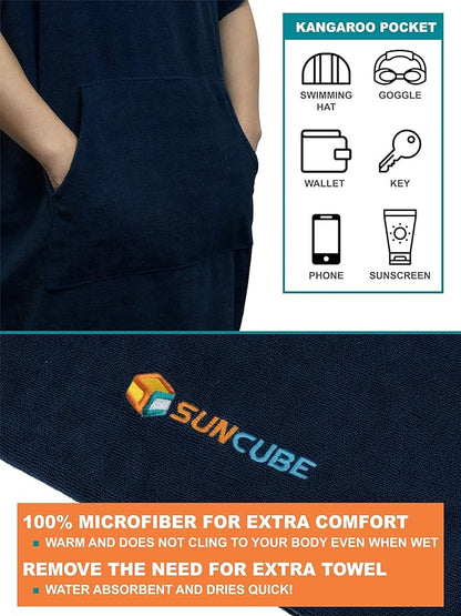 SUN CUBE Surf Poncho Changing Robe with Hood | Quick Dry Microfiber Wetsuit Changing Towel with Pocket for Surfing Men Women