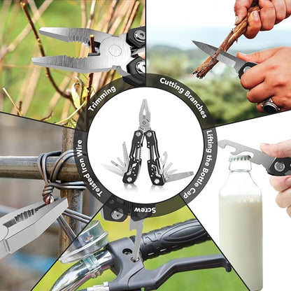 14-In-1 Multitool with Safety Locking, Professional Stainless Steel Multitool Pliers Pocket Knife, Bottle Opener, Screwdriver with Nylon Sheath ，Apply to Survival,Camping, Hunting and Hiking