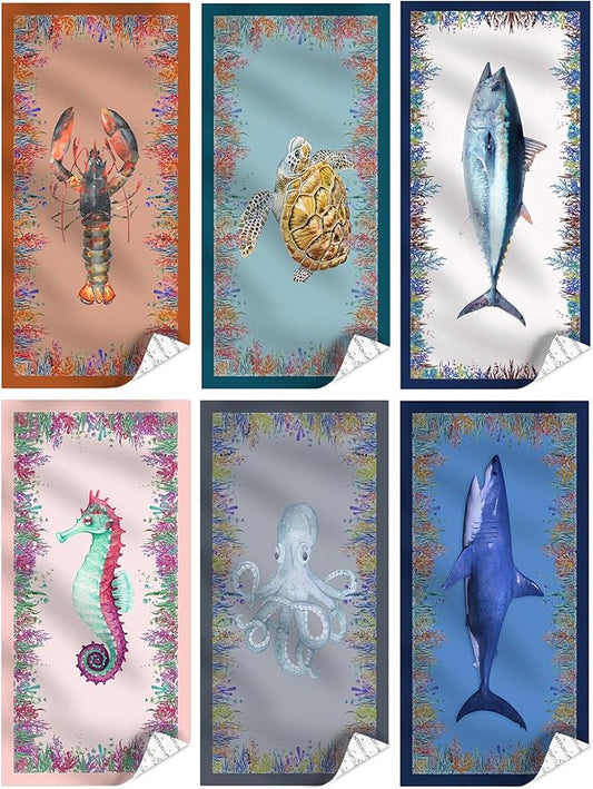 6 Packs Luxury Oversized Microfiber Beach Towel 32x63 Inch Shark Turtle, Double Sided Quick Dry Sandrpoof Compact, Adult Extra Large Chair Towel Over Bulk Set Sand Free Thin Sand Repellent Anti Repels