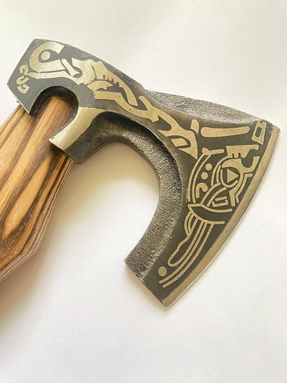 13” Inch Valhalla Axe – Carbon Steel Viking Axe Head with Engraved Handle, Hatchet Axe with Genuine Leather Sheath and Wrap, Camping Axe, Throwing Axe -Viking Gift for Men