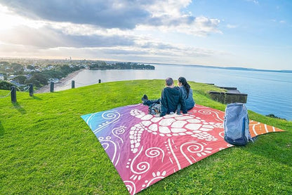 WEKAPO Beach Blanket Waterproof Sandproof Oversized Extra Large Sand Free Beach Mat with Stakes, Storage Bag - Essentials for Outdoor Beach, Picnic (Pinkish Purple Sea Turtle, 11 X 9 FT (1~10 Person))