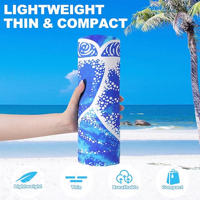 2 Packs Microfiber Oversized Lightweight Thin Beach Towel Sandproof Compact Quick Dry Clearance Towels Extra Large Sand Free Travel Beach Essentials Accessories Women Adult Gift Blue Stripe Vortex