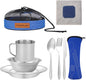 Camping Cutlery Set, 8 Piece Stainless Steel Cutlery Set Including Cutlery Spoons Mug Bowls & Plates Rags, Organizer Straps Easy to Carry for Backpacking, Camping, Hiking and Picnics