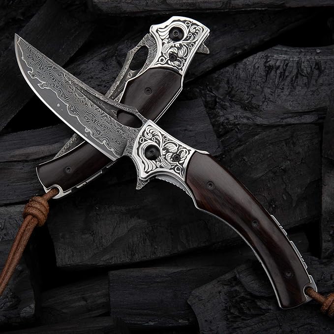 3.5in handmade japanese vg10 damascus steel blade folding pocket knife for men and women,leather sheath,ebony wood handle,liner lock,edc outdoor knives for camping