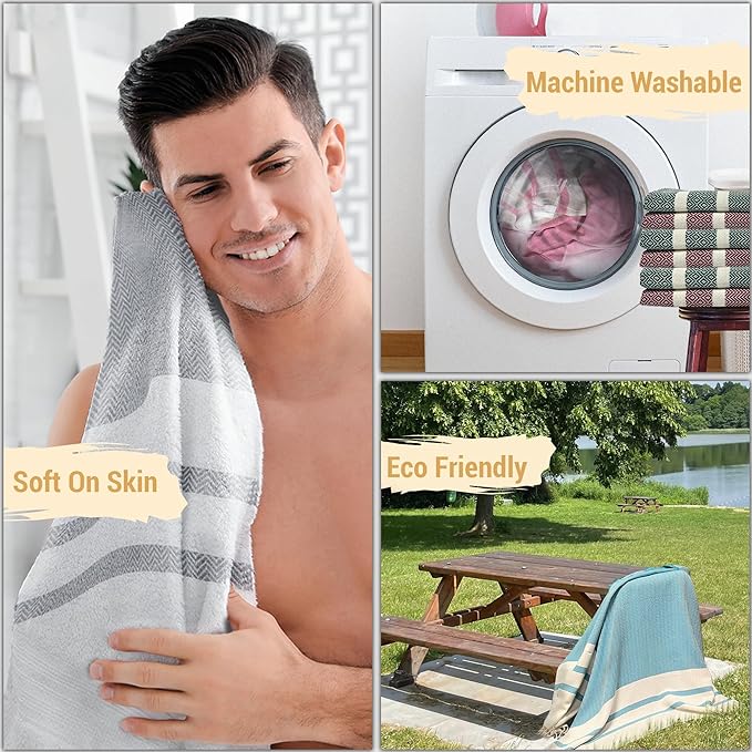 2 Oversize Cotton Travel Towel Pack Quick Dry Camping Pool Hiking Compact Vacuum Sealed Lightweight Absorbent Turkish Beach Blanket Pool Swim Camp (Turquoise Blue and Silver Gray)