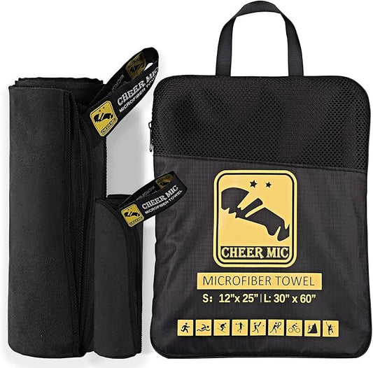 2 Pack Microfiber Fast Drying Towel - Lightweight&Compact for Beach, Travel, Yoga Sports, Camping (Large (30"x60")+Small (12"x25"), Black)