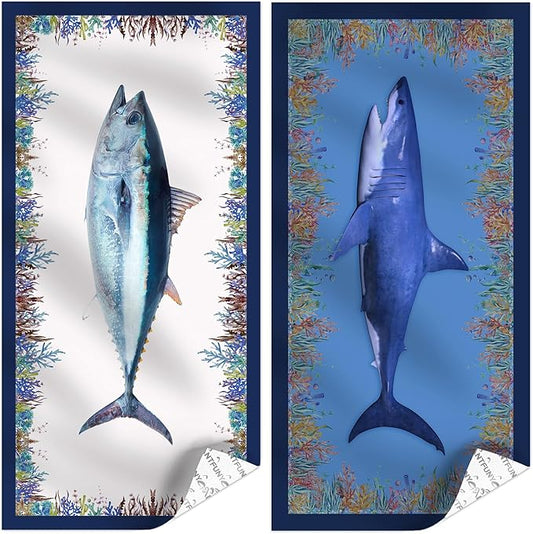 2 Packs Luxury Oversized Microfiber Beach Towel 32x63 Inch Shark, Double Sided Quick Dry Sandrpoof Compact, Adult Extra Large Chair Towel Over Bulk Set Sand Free Thin Sand Repellent Anti Repels