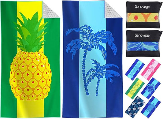 2 Packs Microfiber Oversized Lightweight Thin Beach Towel Compact Sandproof Quick Dry Clearance Towels Extra Large Sand Free Pool Essentials Accessories Women Men Adults Gifts Coconut Tree Pineapple