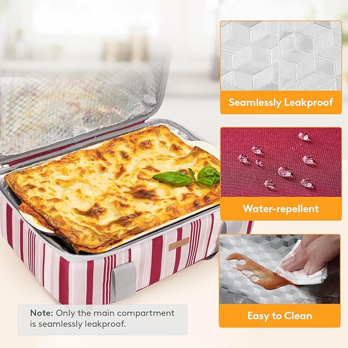 Insulated Casserole Carrier for Hot or Cold Food, Lasagna Lugger Tote for Potluck Parties/Picnic/Cookouts, Fits 9"×13" Baking Dish, Red
