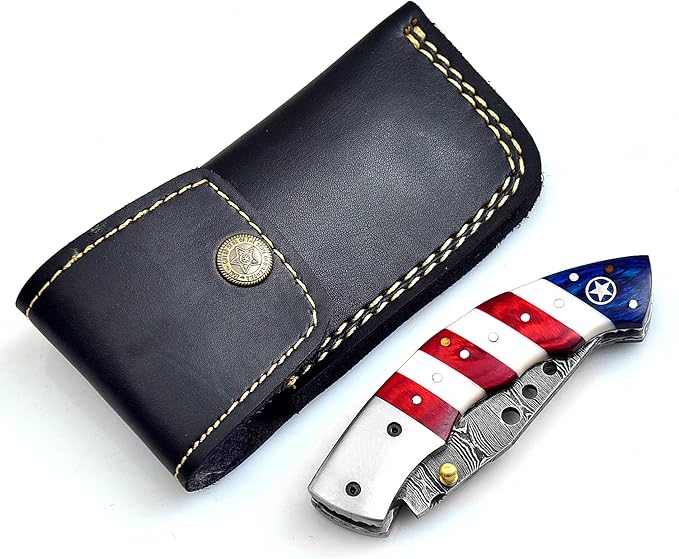 5079US Custom Damascus Steel Folding Pocket Knife with Sheath Cool Camping Knife for men Unique Damascus Blade Pattern 5079US (US Flag)