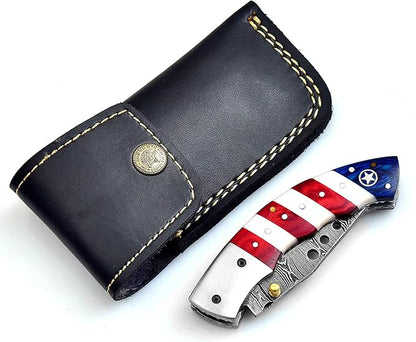 5079US Custom Damascus Steel Folding Pocket Knife with Sheath Cool Camping Knife for men Unique Damascus Blade Pattern 5079US (US Flag)