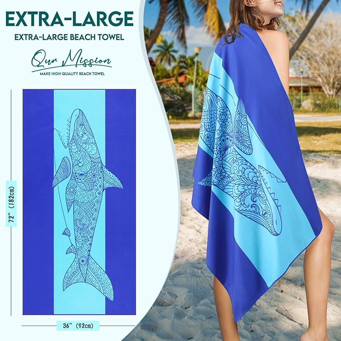2 Packs Microfiber Oversized Lightweight Thin Beach Towel Compact Sandproof Quick Dry Clearance Towels Extra Large Sand Free Pool Travel Essentials Accessories Women Men Adults Gifts Shark Flamingo