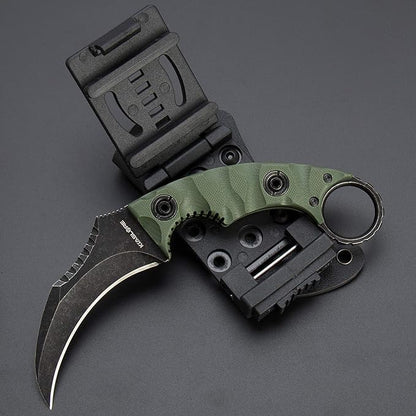 1911K Tactical Knife Fixed Blade Teeth Knife D2 curved Blade & G10 Handle for Outdoor Survival, Camping, Bushcraft and Hunting, with Sheath (Stonewashed OD Green, 180)