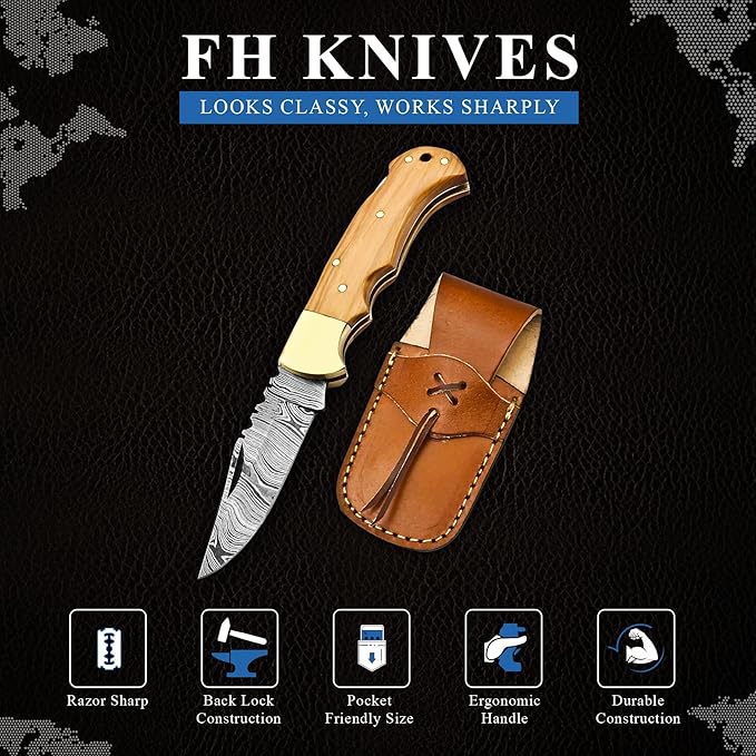 6.5 Inch Handmade Damascus Pocket knife for Men Folding Knife with back lock Small Pocket knife for Hunting Camping Hiking Damascus hunting knife with sheath Best EDC Camping Knife